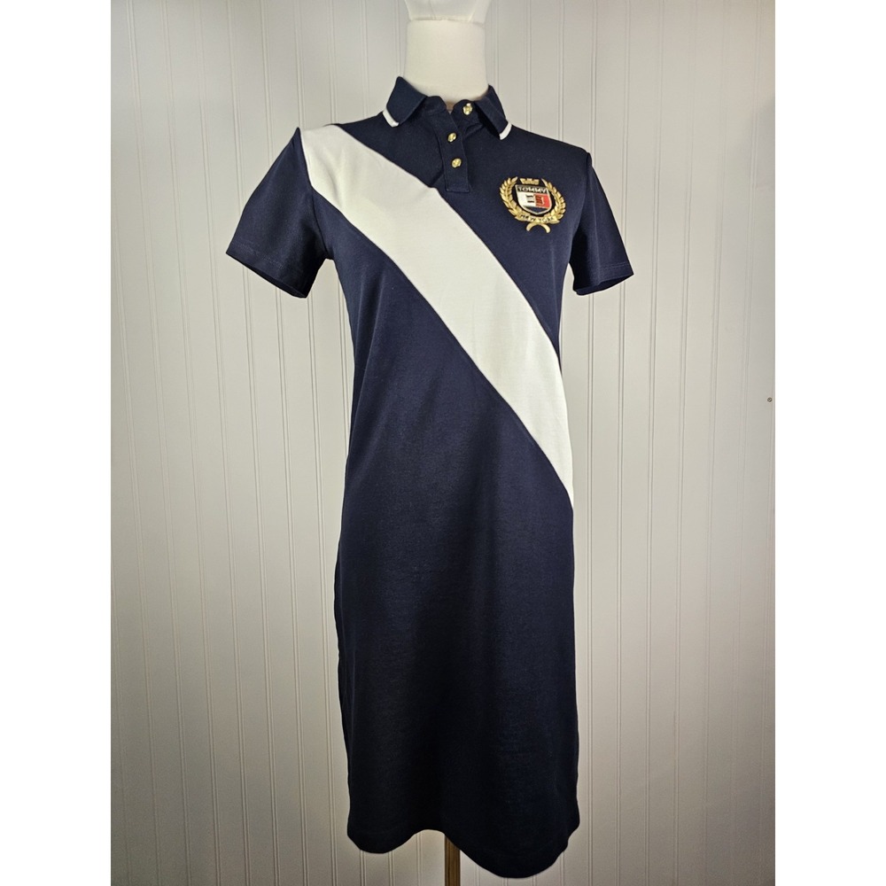 Tommy Hilfiger Banner Stripe Polo Dress Women's 2XS Preppy Crest Logo